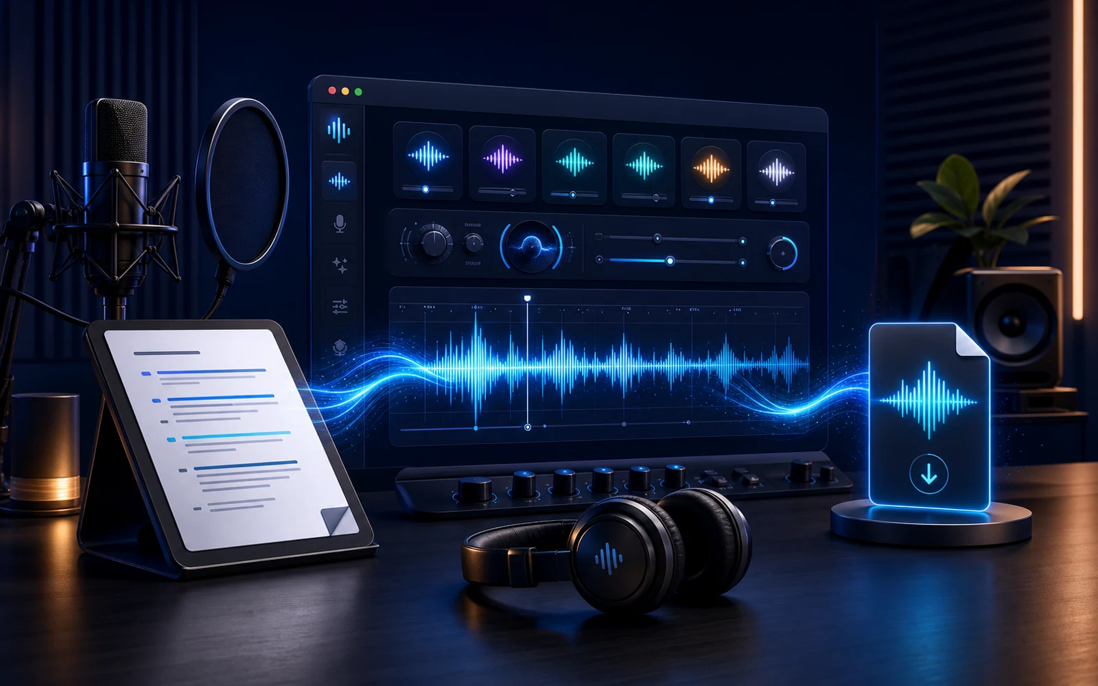 Éditeur de synthèse vocale Eleven AI à côté d’une forme d’onde pour relire la narration générée
