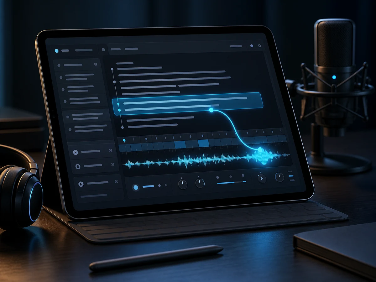 Studio Eleven AI dans le navigateur montrant un script de synthèse vocale, des commandes d’interprétation et une forme d’onde